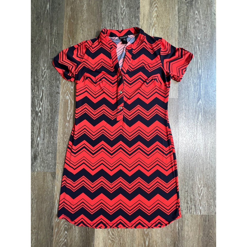 Enfocus Studio Dress Womens 4 Red Navy Chevron Zigzag Short Sleeve Shift